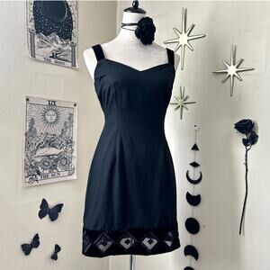 Vintage 1990s Black Goth Mini Dress with Burgundy Velvet Trim